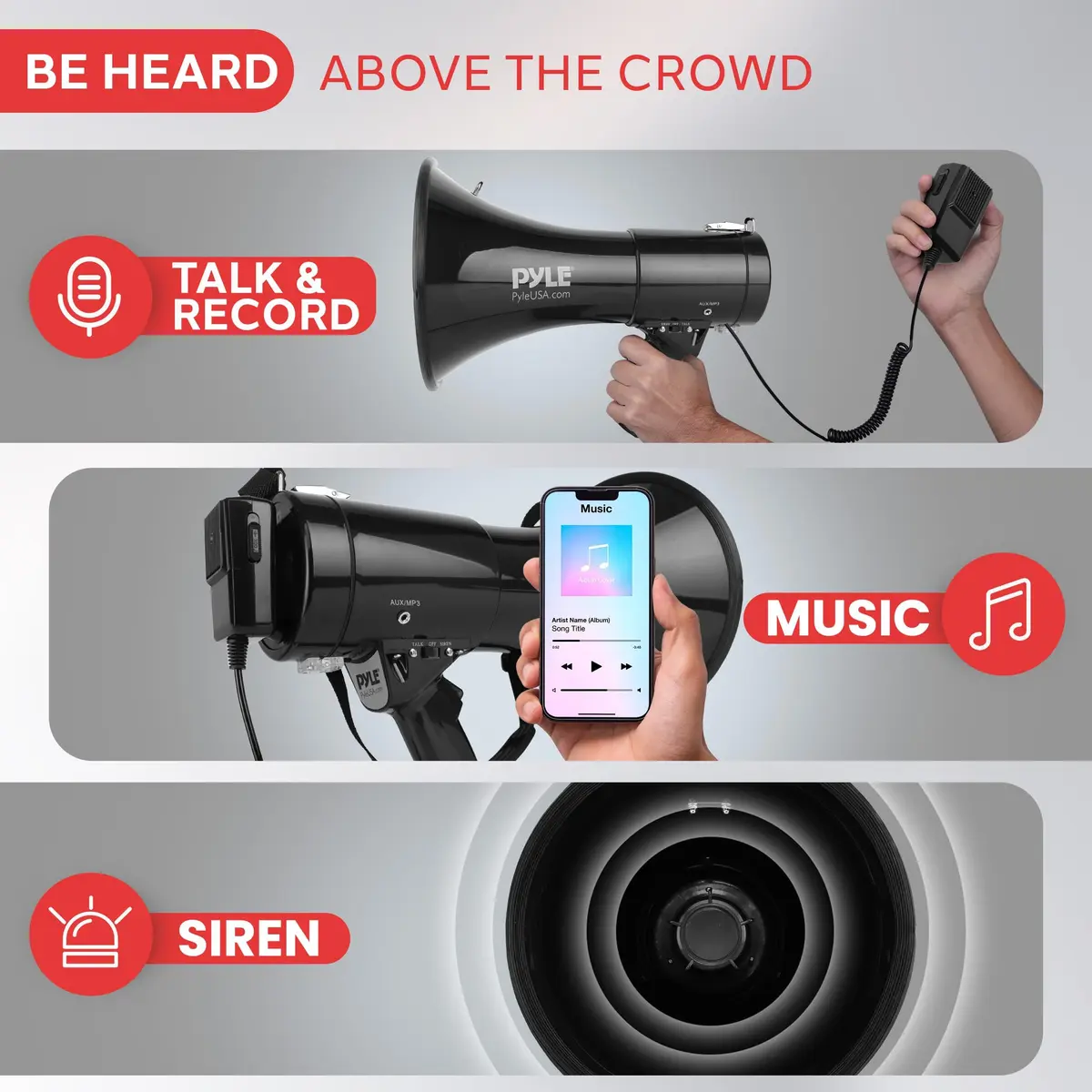 Pyle 50W Megaphone Speaker PA Bullhorn Built-in Siren, 1554 Meters Range | Portable Outdoor Sound System - view 3