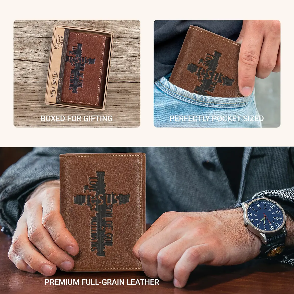 Christian Art Gifts Full Grain Leather Wallet for Men: Names of Jesus | Classic Brown Full Grain Leather Bi-Fold Wallet - view 5