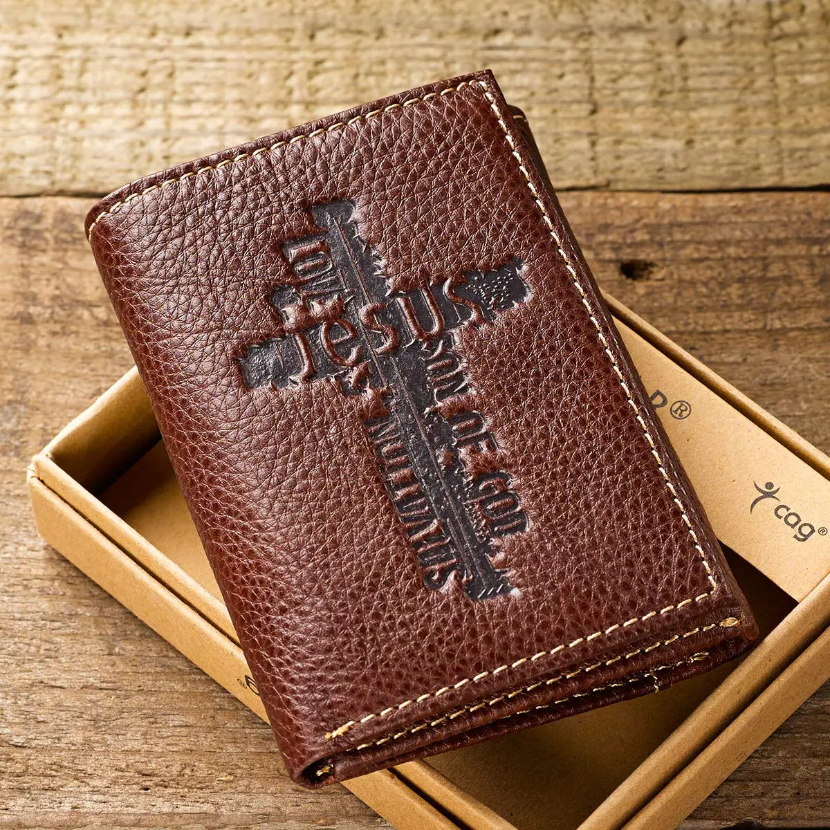 Christian Art Gifts Full Grain Leather Wallet for Men: Names of Jesus | Classic Brown Full Grain Leather Bi-Fold Wallet - view 2