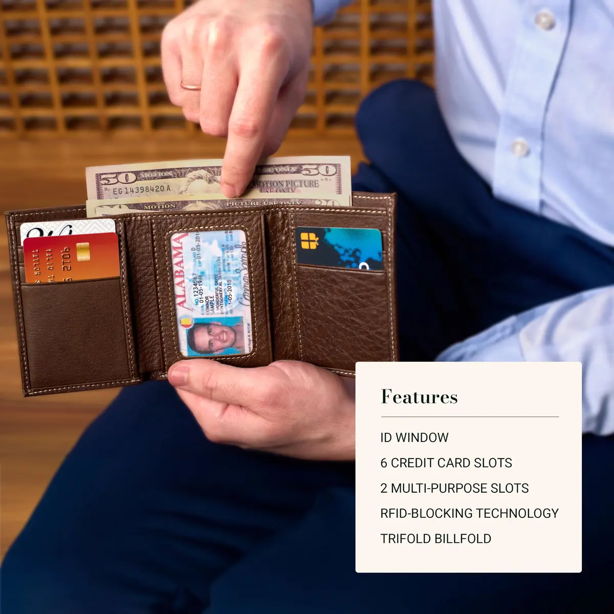 Christian Art Gifts Full Grain Leather Wallet for Men: Names of Jesus | Classic Brown Full Grain Leather Bi-Fold Wallet - view 3