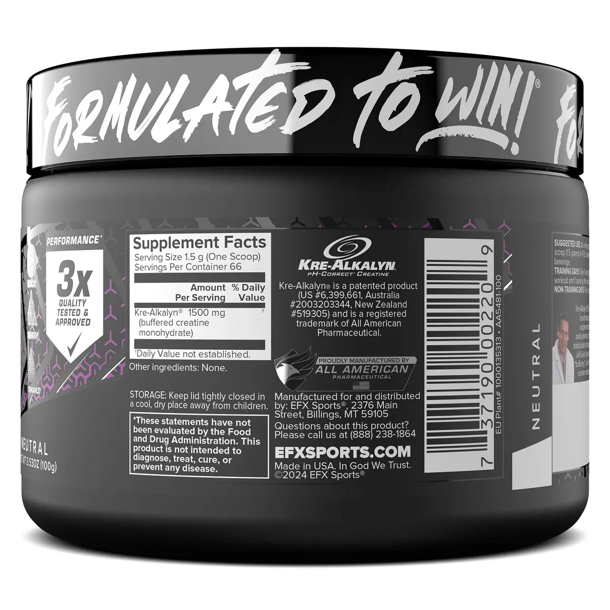 EFX Sports Kre-Alkalyn EFX Powder | pH Correct Creatine Monohydrate | Muscle & Strength | 66 Servings (Unflavored) - view 9