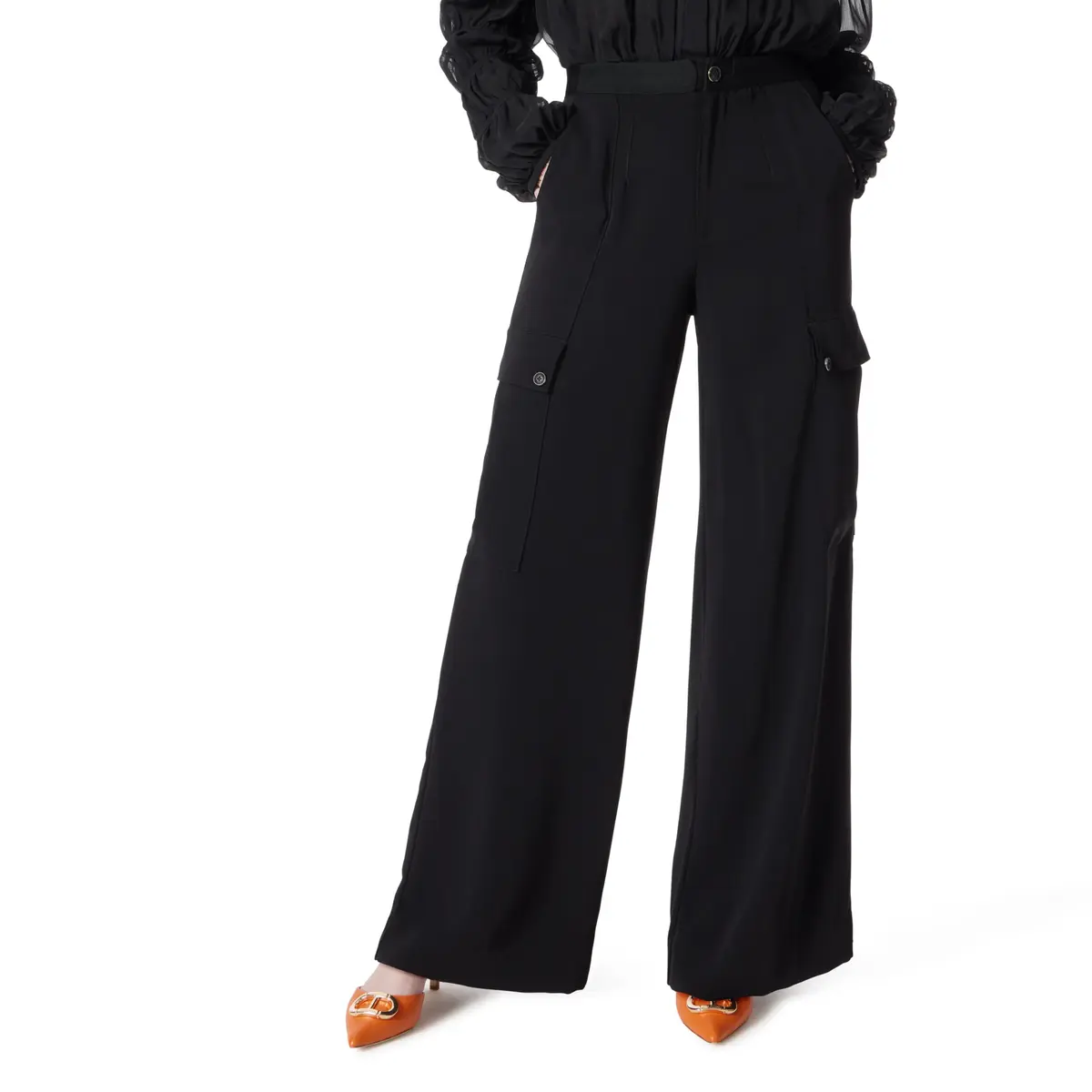 DEE OCLEPPO Women's Khloe Wide Leg Cargo Dress Pant Black | High Rise, 31" Length, 6 Pockets - main product image