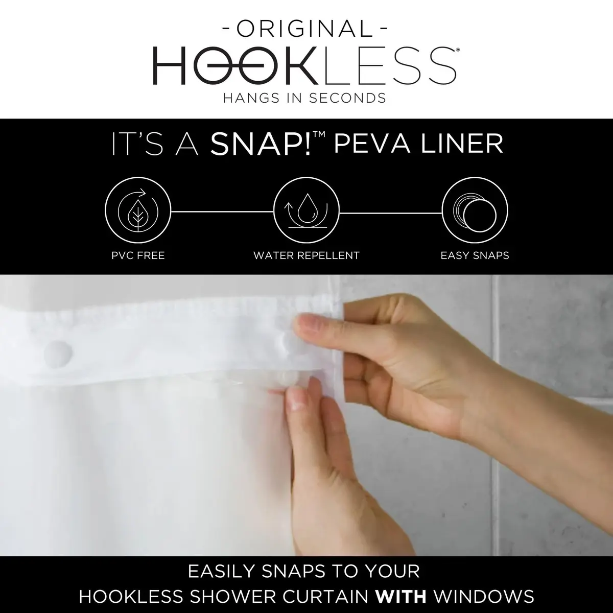 Hookless It’s A Snap! PEVA Shower Curtain Liner 54" x 70" | Water-Repellant, Easy Install, Frost White - view 3