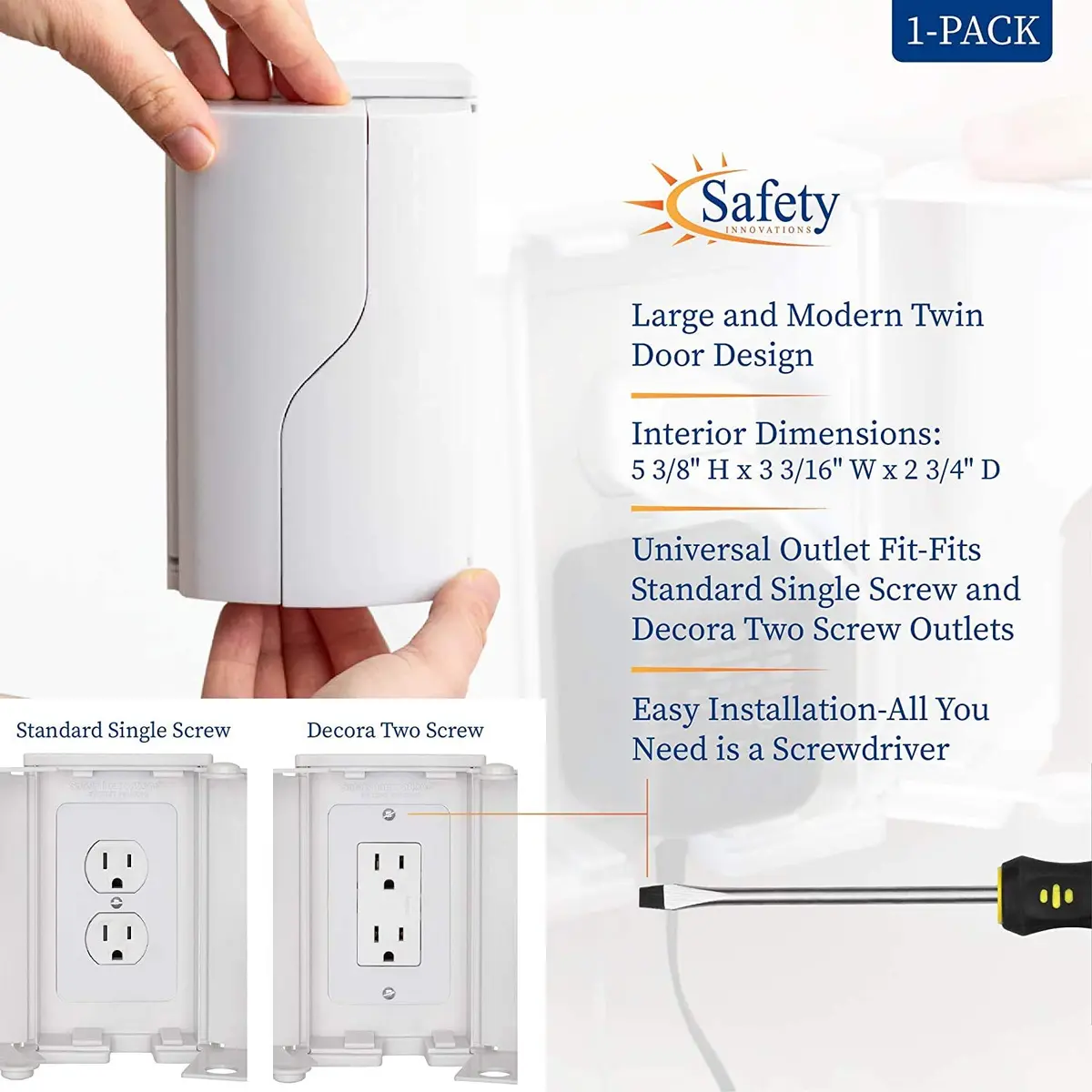 Safety Innovations Twin Door Baby Safety Outlet Cover Box for Outlets | Extra Large Interior Space, Childproof Design, Easy Install - view 5