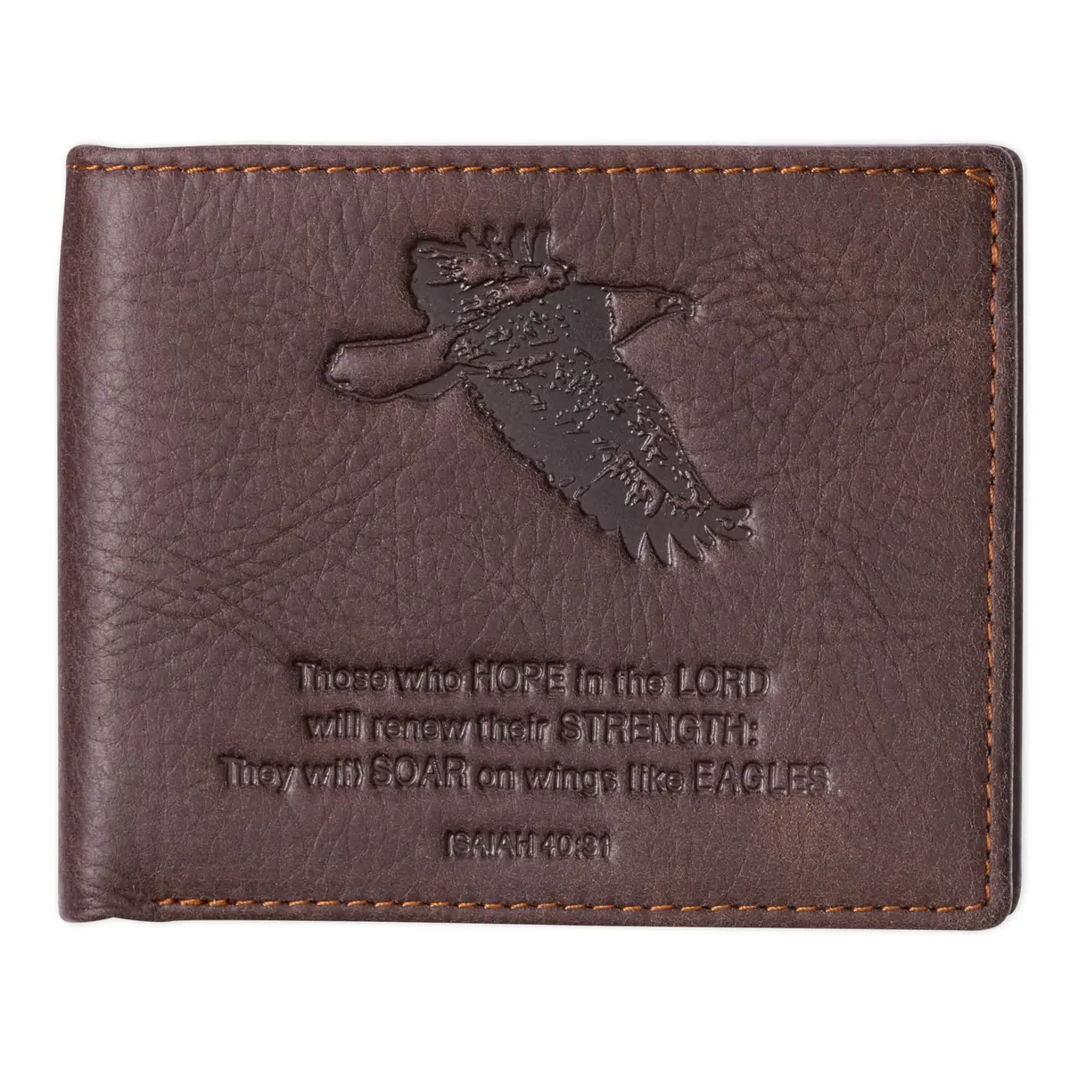 Christian Art Gifts Full Grain Leather Bifold Scripture Wallet, RFID Blocking, Wings Like Eagles, Brown | Inspirational Christian Accessory - main product image