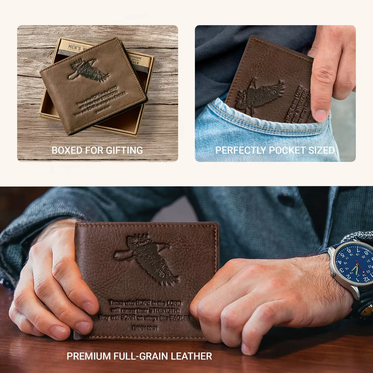 Christian Art Gifts Full Grain Leather Bifold Scripture Wallet, RFID Blocking, Wings Like Eagles, Brown | Inspirational Christian Accessory - view 3