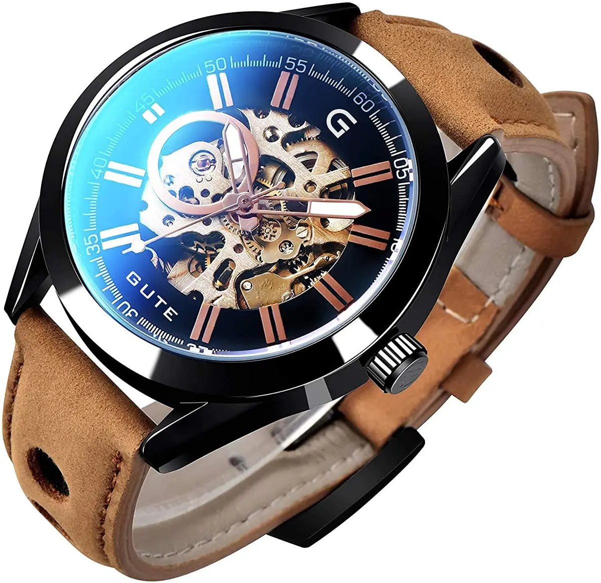 GLEIM Mechanical Skeleton Watch Self-Winding Leather Brown | Casual & Stylish (70-120 chars) - main product image