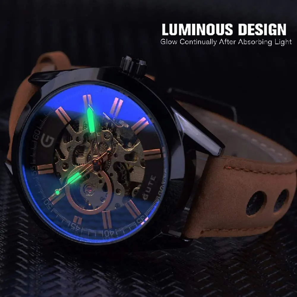 GLEIM Mechanical Skeleton Watch Self-Winding Leather Brown | Casual & Stylish (70-120 chars) - view 5