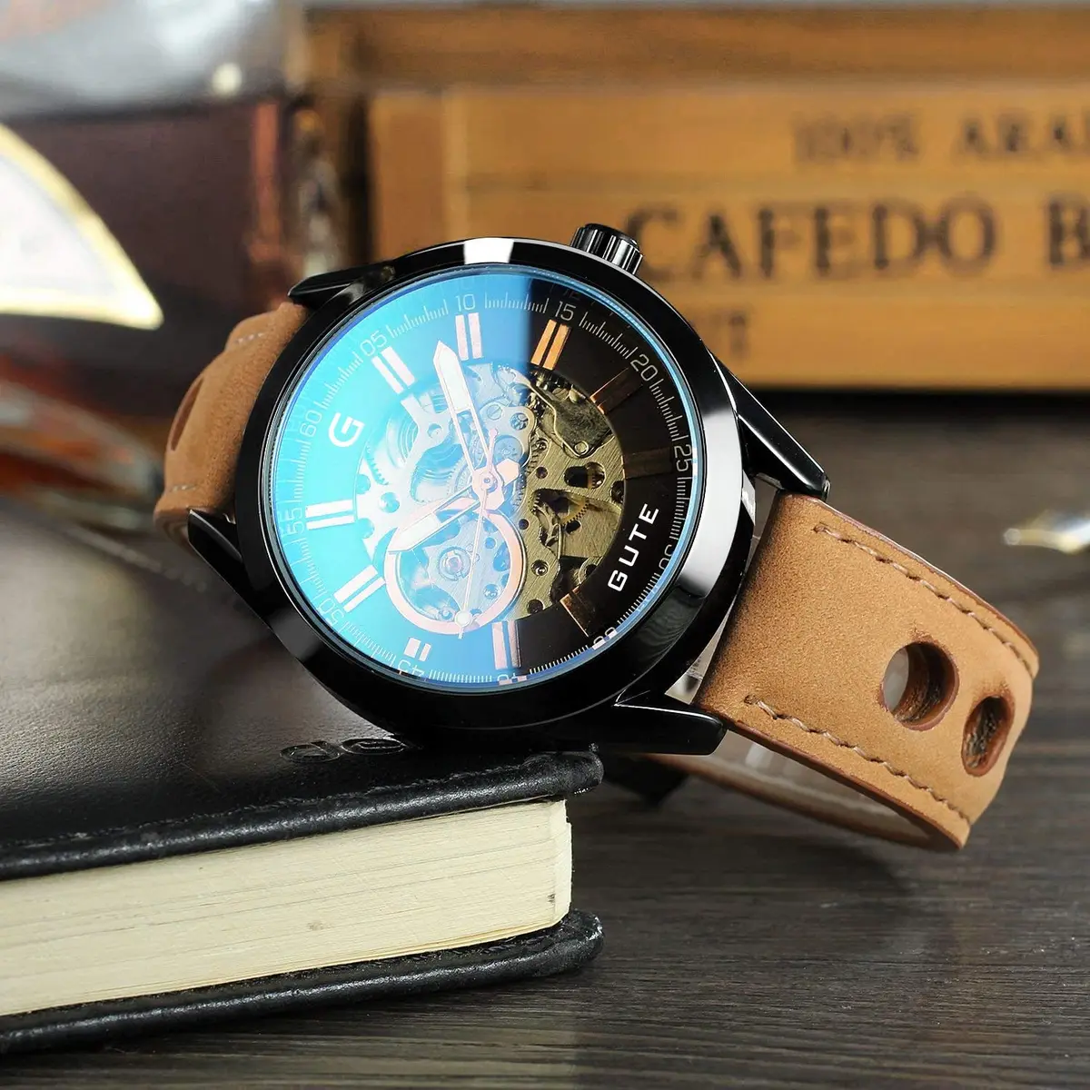 GLEIM Mechanical Skeleton Watch Self-Winding Leather Brown | Casual & Stylish (70-120 chars) - view 6