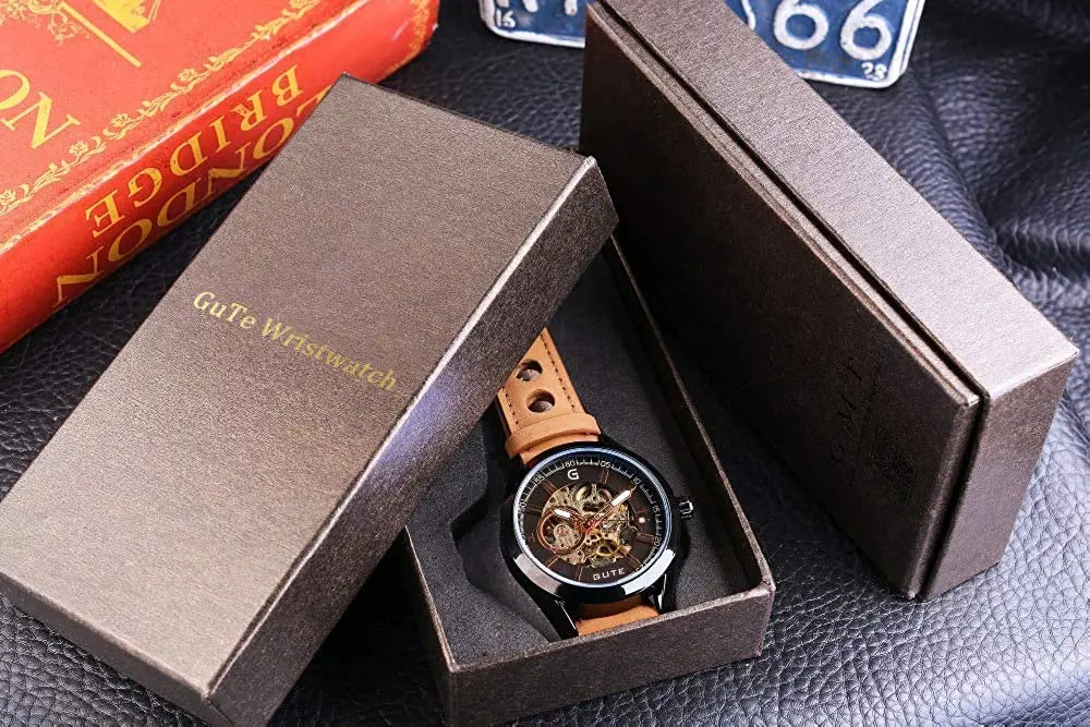 GLEIM Mechanical Skeleton Watch Self-Winding Leather Brown | Casual & Stylish (70-120 chars) - view 7
