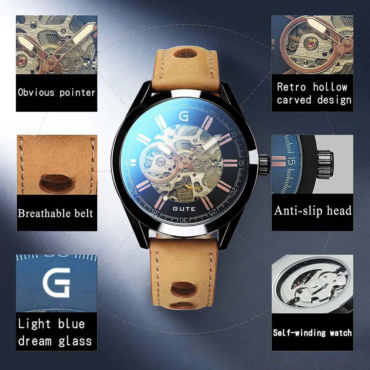 GLEIM Mechanical Skeleton Watch Self-Winding Leather Brown | Casual & Stylish (70-120 chars) - view 3