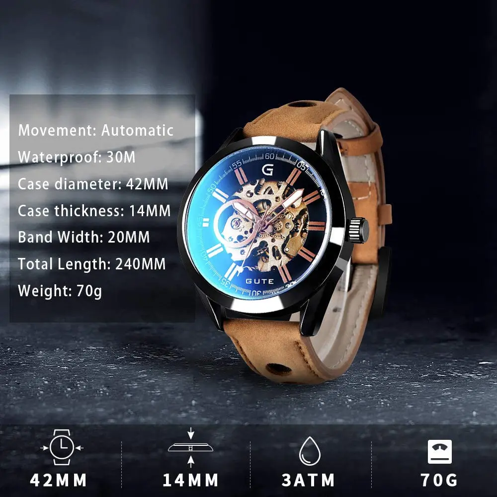 GLEIM Mechanical Skeleton Watch Self-Winding Leather Brown | Casual & Stylish (70-120 chars) - view 4