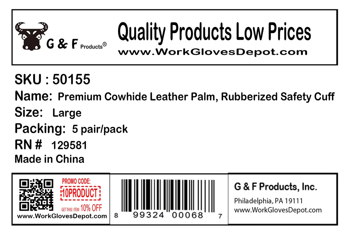 G & F Products Leather Palm Work Gloves 60-Pair | Heavy-Duty & Durable, Safety Cuff, Grey - view 2