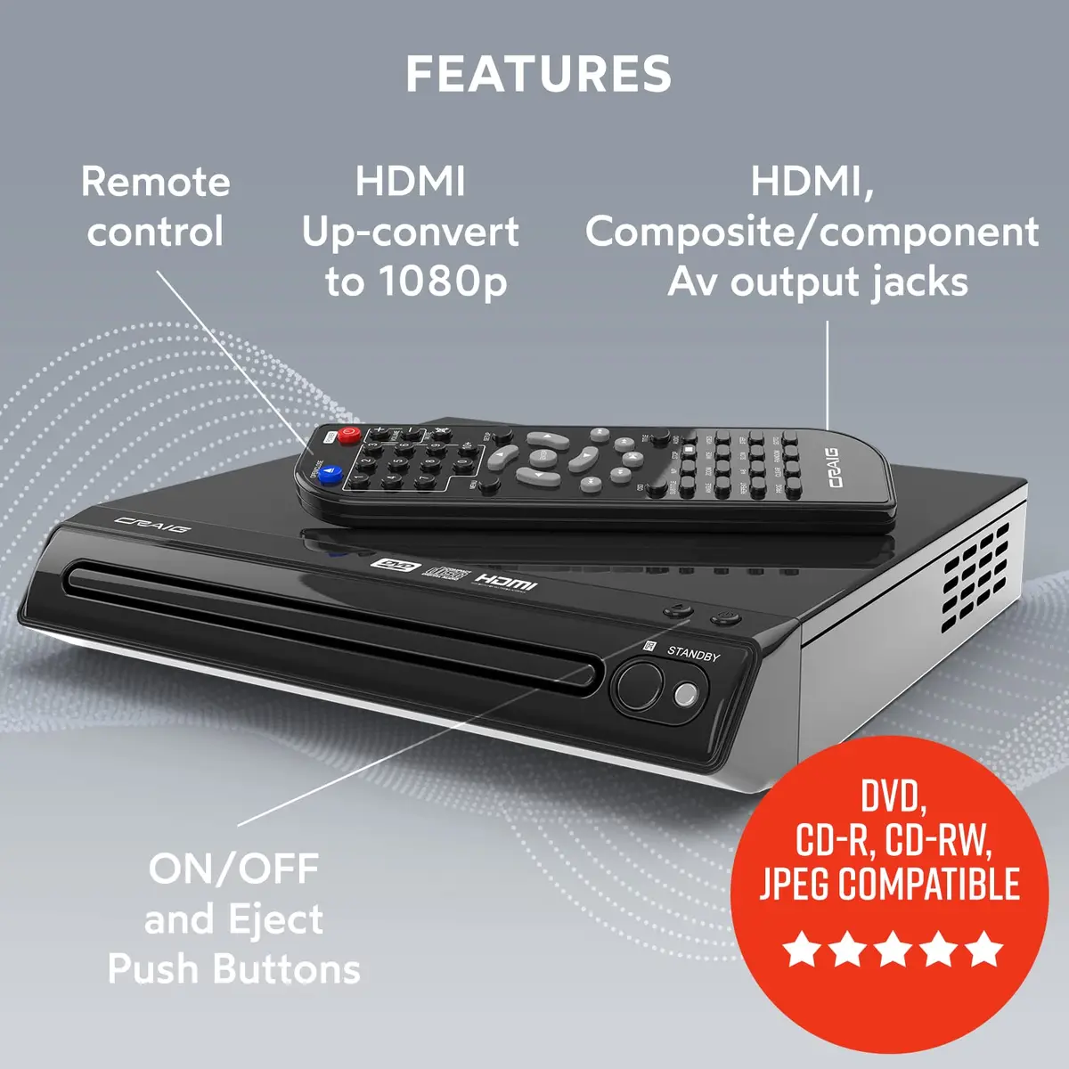 Craig CVD401A Compact HDMI DVD Player with Remote, Black | Upscales to 1080p - view 2