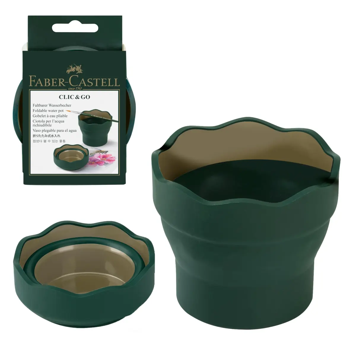 Faber-Castell Clic & Go Collapsible Water Cup | 350ml (12 oz) Dark Green Silicone Brush Rinser with Brush Stand & Palette - main product image
