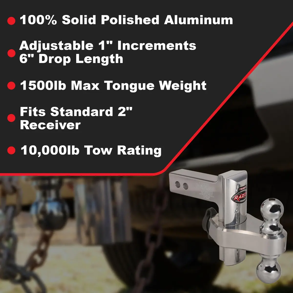 Trimax TRZ6AL Razor XTR 6" Adjustable Drop Hitch | 10,000 LB Capacity, Polished Aluminum - view 2