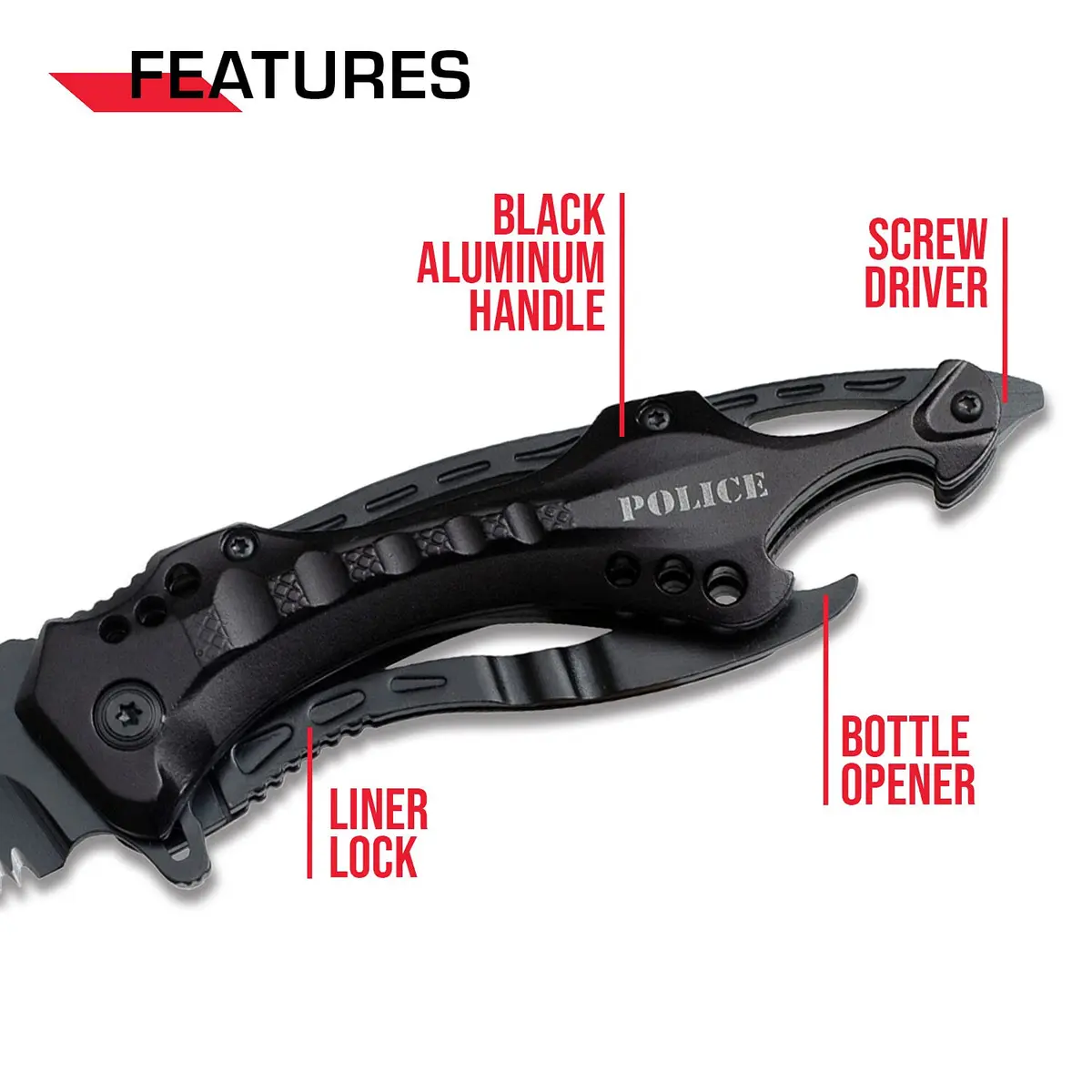 Tac-Force Folding Pocket Knife 3.25-inch Serrated Blade | Black Aluminum Handle, 7.75-inch Overall Length - view 5