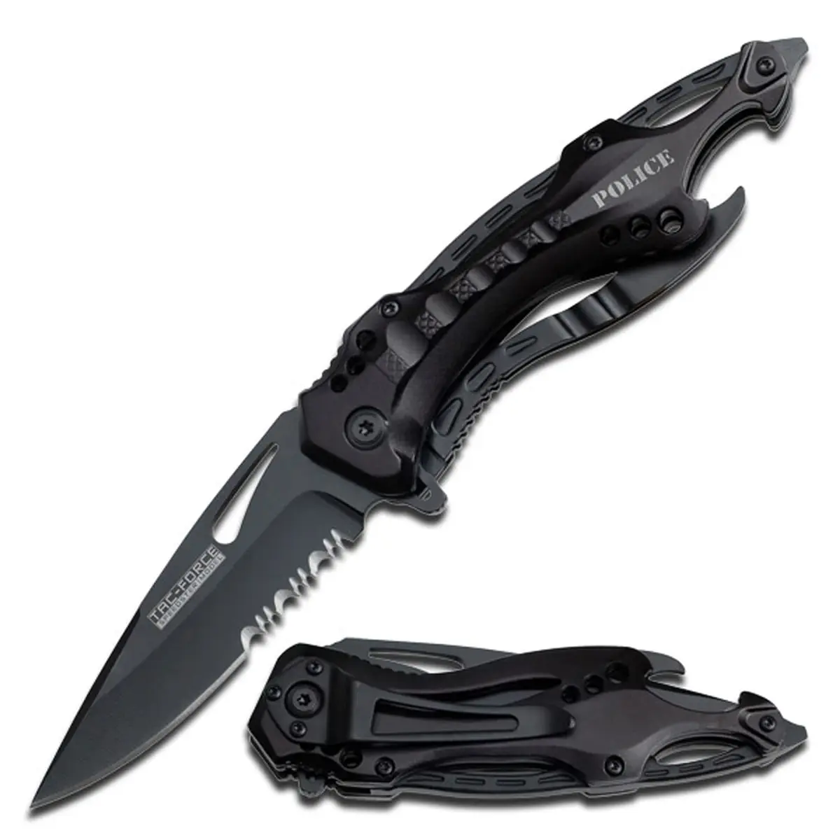 Tac-Force Folding Pocket Knife 3.25-inch Serrated Blade | Black Aluminum Handle, 7.75-inch Overall Length - main product image