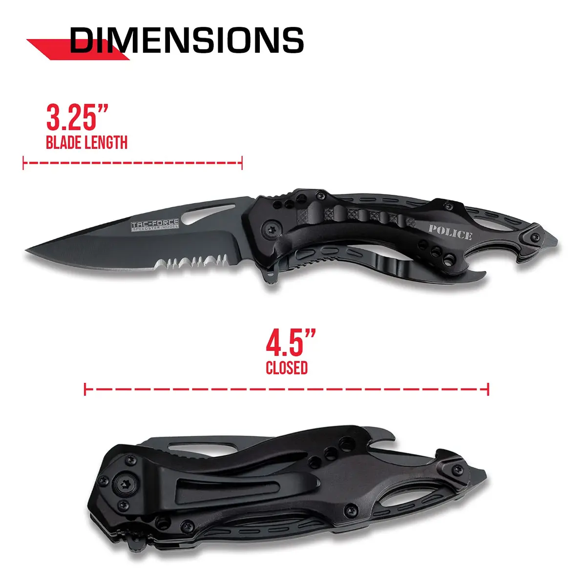 Tac-Force Folding Pocket Knife 3.25-inch Serrated Blade | Black Aluminum Handle, 7.75-inch Overall Length - view 2