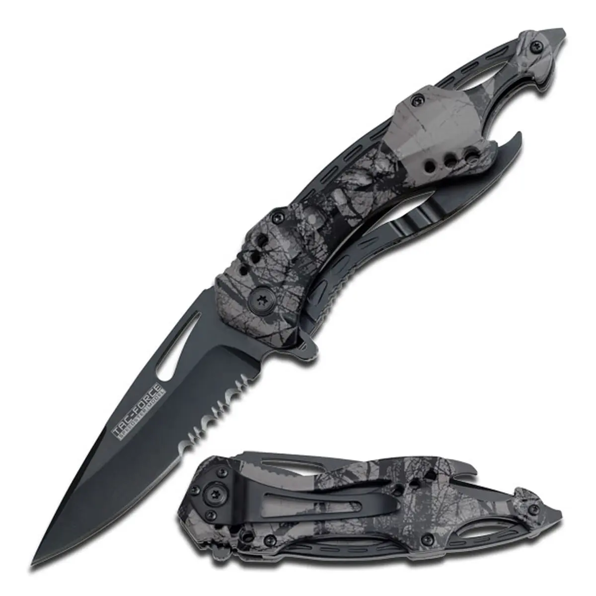 Tac-Force Folding Pocket Knife, 3.25-inch Serrated Blade, Camo Aluminum Handle, 7.75-inch Overall Length TF-705FC | Tactical Utility for Outdoors & Emergency - main product image