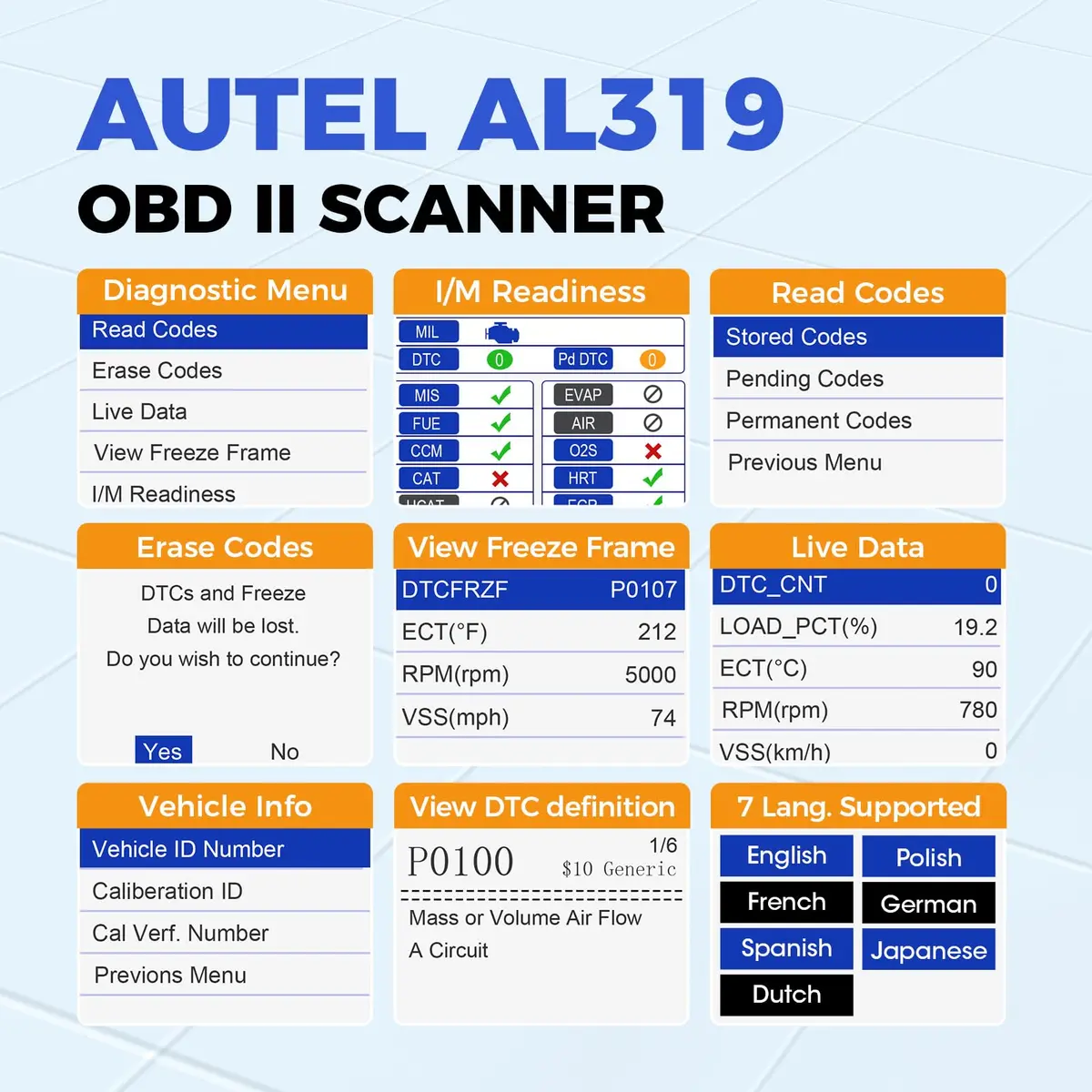 Autel AL319 Vehicle Scan Tool 2.4 inches | Check Engine & DTC Support - view 2