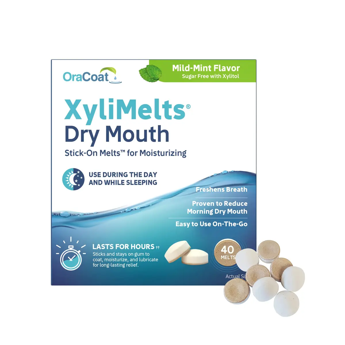 Oracoat XyliMelts Dry Mouth Relief Discs 40 Count | Long-Lasting Moisturizer with Xylitol, Mild Mint Flavor - main product image