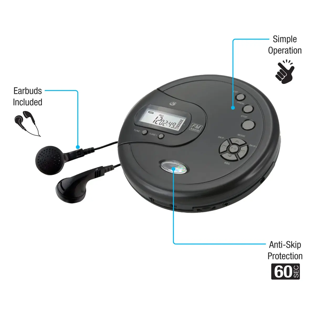 GPX PC332B Portable CD Player with FM Radio & Earbuds | Black - view 2