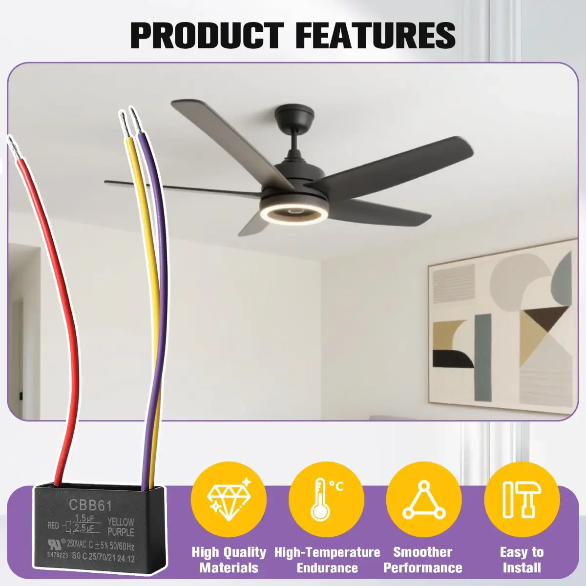 Podoy CBB61 Ceiling Fan Capacitor 1.5µf+2.5µf Dual Run 250V AC | 2-Pack Replacement for Motor Start - view 5