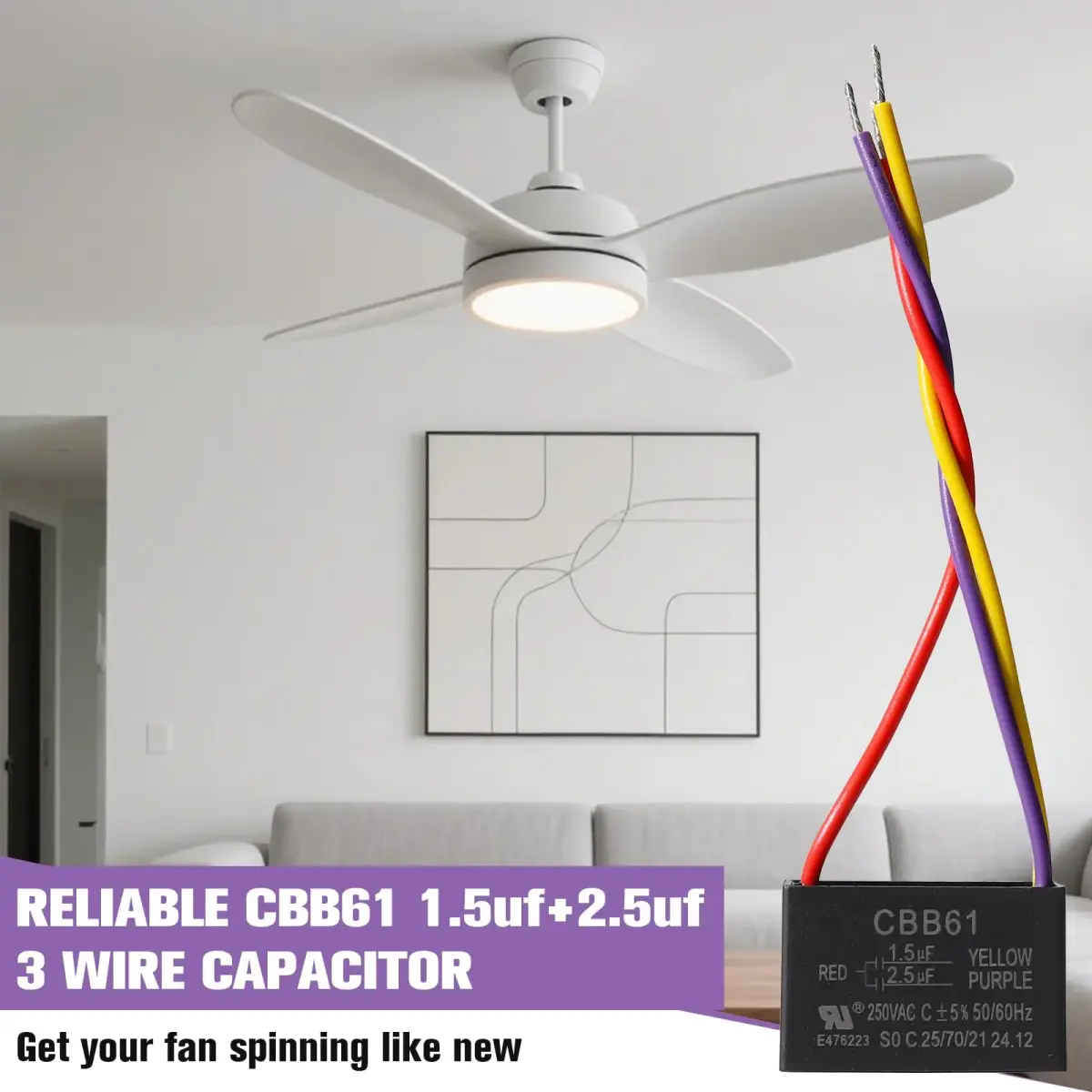 Podoy CBB61 Ceiling Fan Capacitor 1.5µf+2.5µf Dual Run 250V AC | 2-Pack Replacement for Motor Start - view 7