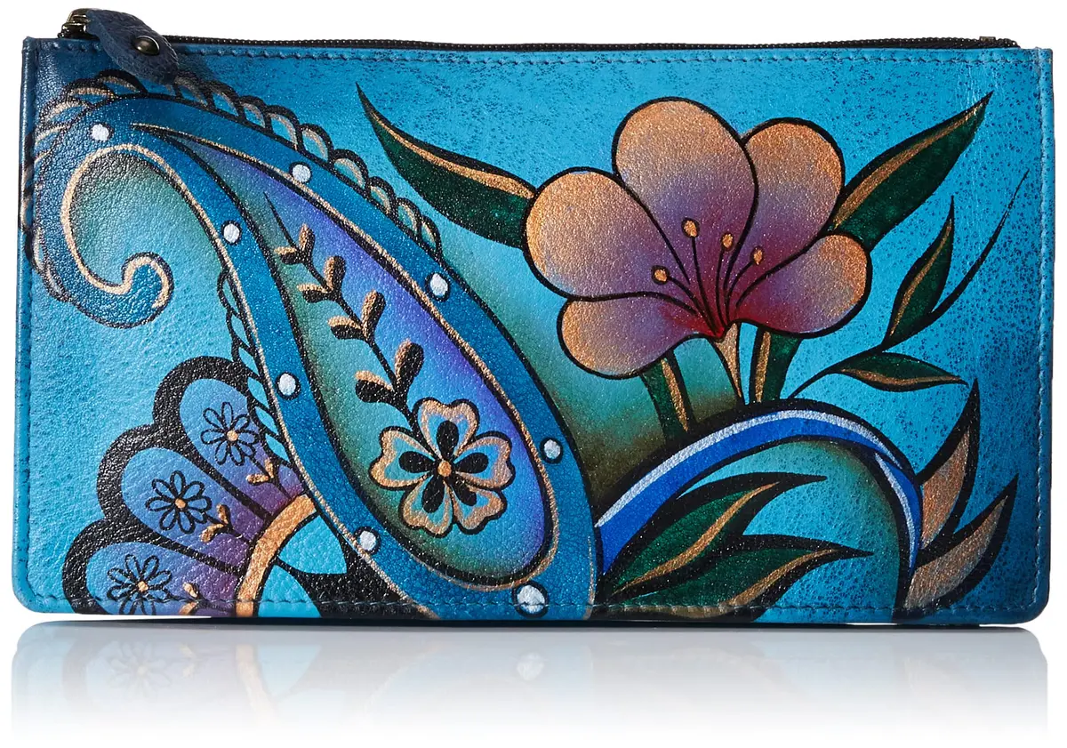 Anna by Anuschka Women's Hand Painted Leather Organizer Wallet - Denim Paisley Floral | Unique Art & Luxury - main product image