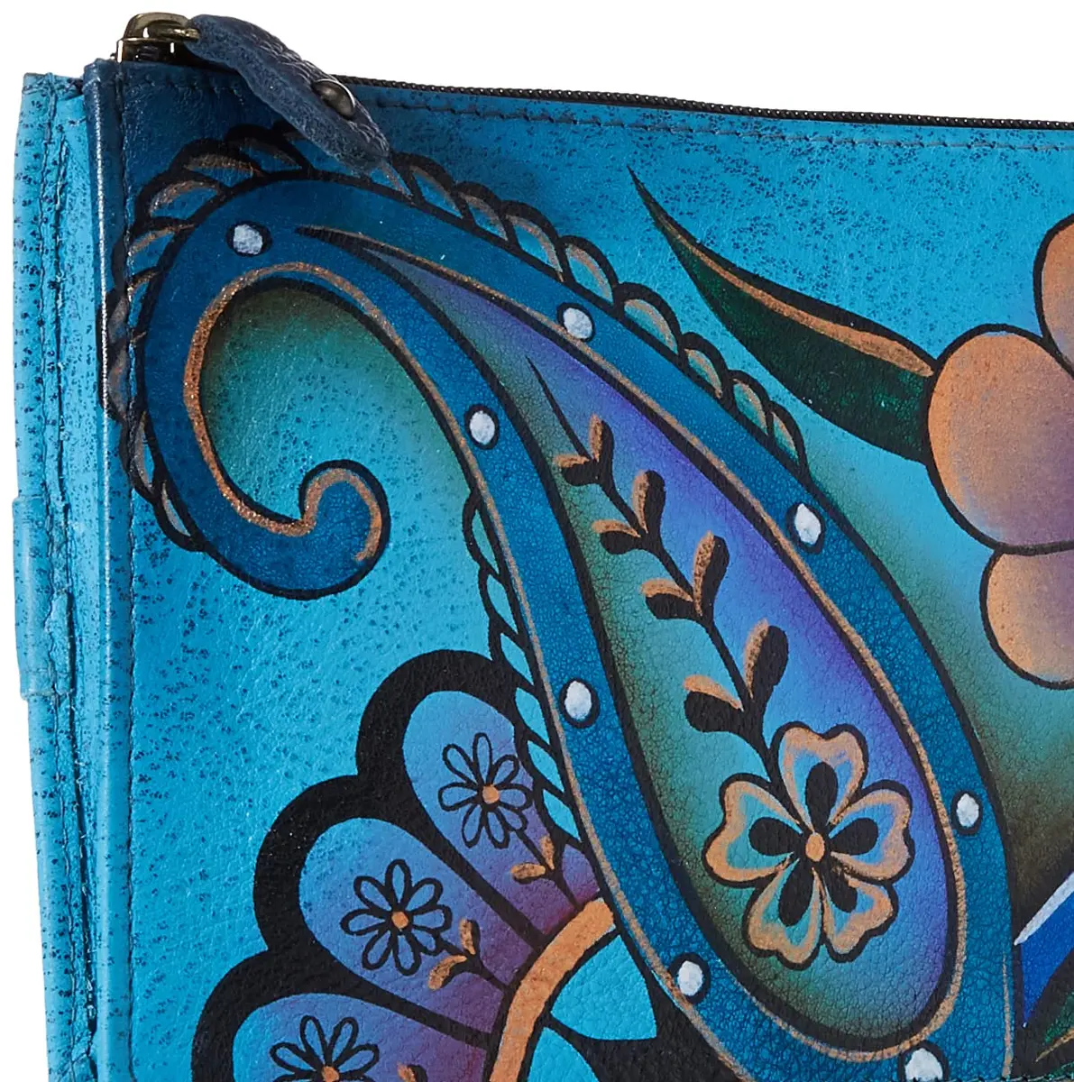Anna by Anuschka Women's Hand Painted Leather Organizer Wallet - Denim Paisley Floral | Unique Art & Luxury - view 3