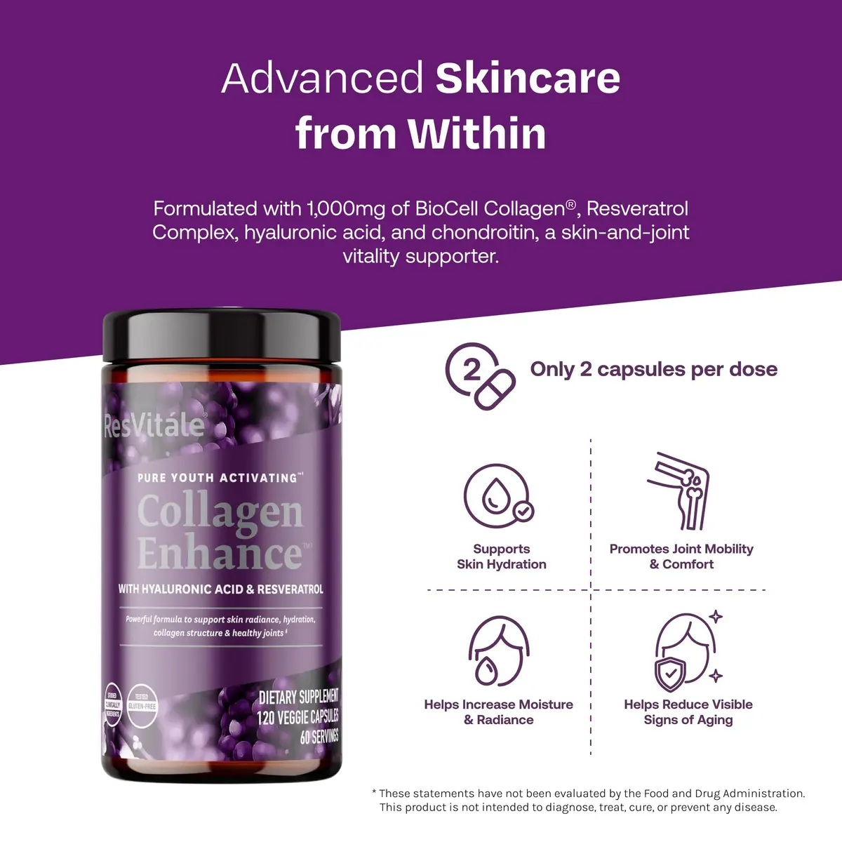 ResVitale Collagen Enhance, 120 Capsules | Supports Skin & Joints, Vegetarian Formula, Hyaluronic Acid & Resveratrol - view 3