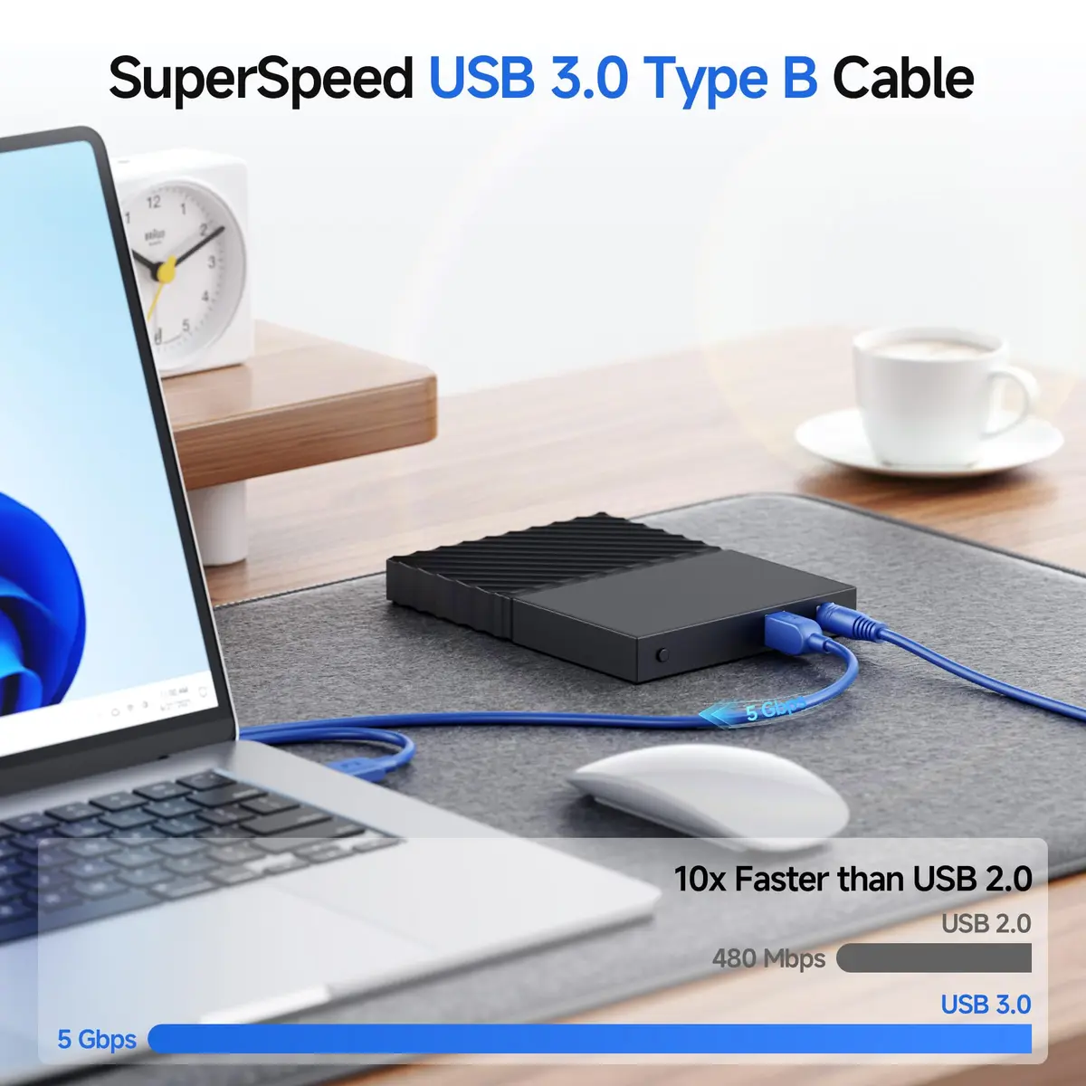Cable Matters USB 3.0 A to B Cable 10ft | 5Gbps Data Transfer, Blue, Durable, Compatible with External Hard Drives & Monitors - view 4