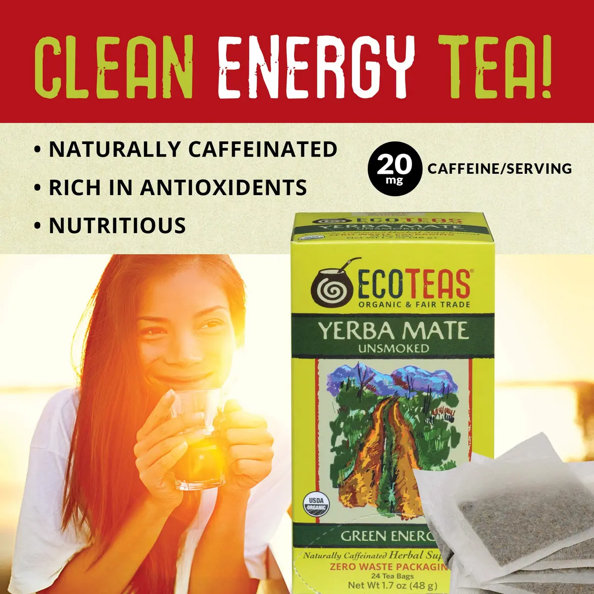 ECOTEAS Organic Unsmoked Yerba Mate Tea 24 Bags | Natural Energy & Metabolism Support - view 5