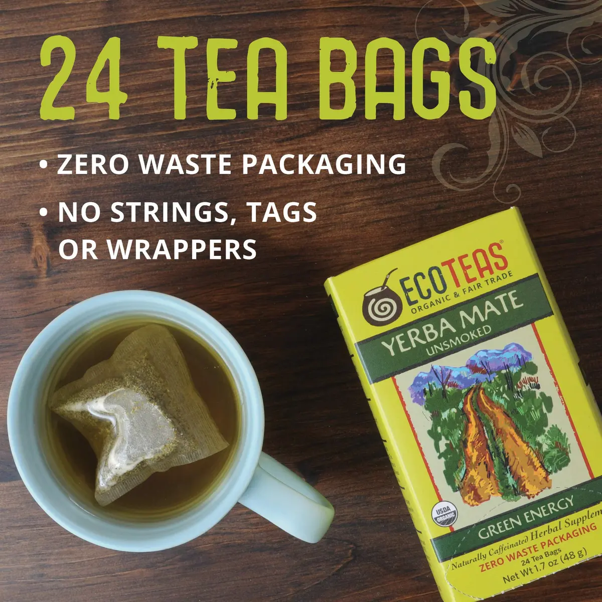 ECOTEAS Organic Unsmoked Yerba Mate Tea 24 Bags | Natural Energy & Metabolism Support - view 3