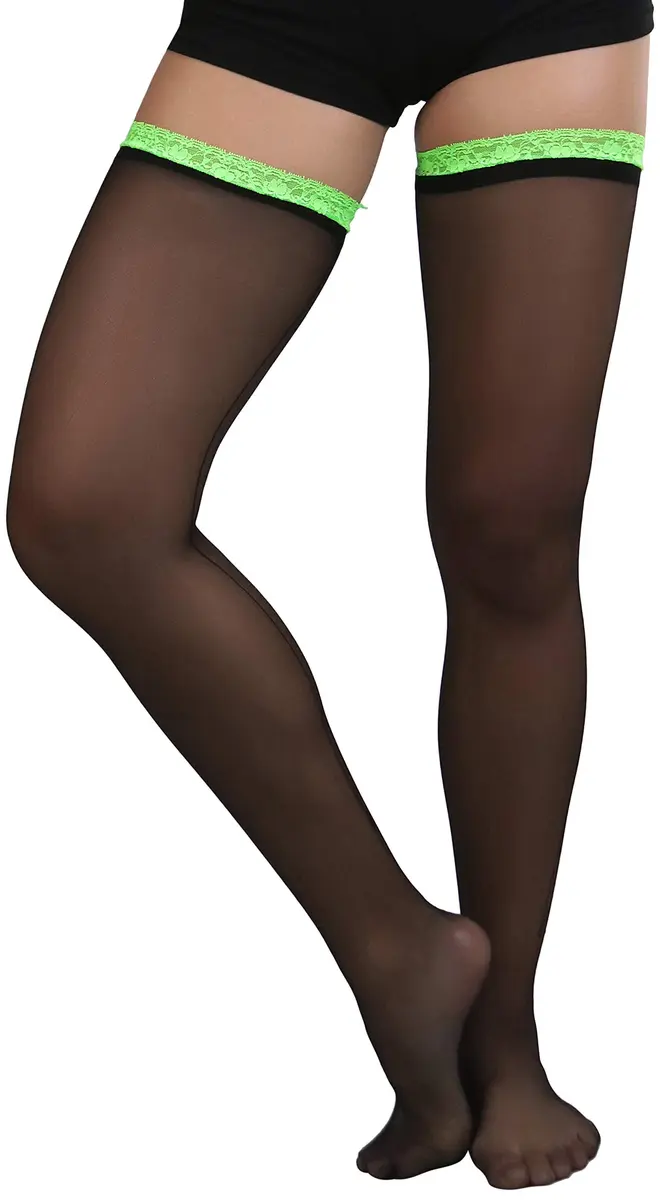 ToBeInStyle Women's Sheer Laced Thigh Hi Stocking | One Size Black with Neon Green Lace - view 4