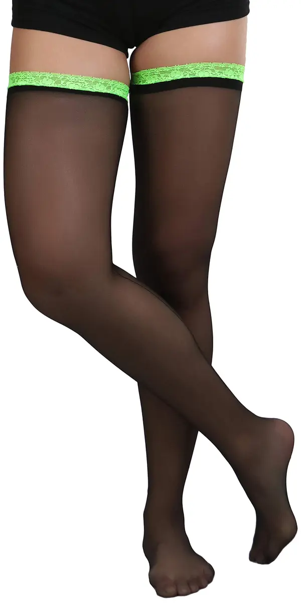 ToBeInStyle Women's Sheer Laced Thigh Hi Stocking | One Size Black with Neon Green Lace - view 5