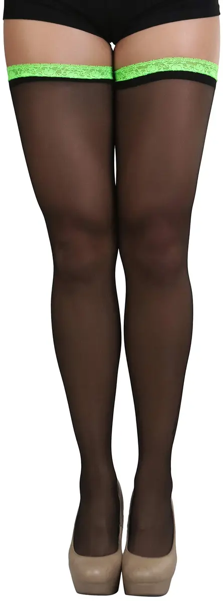 ToBeInStyle Women's Sheer Laced Thigh Hi Stocking | One Size Black with Neon Green Lace - view 6