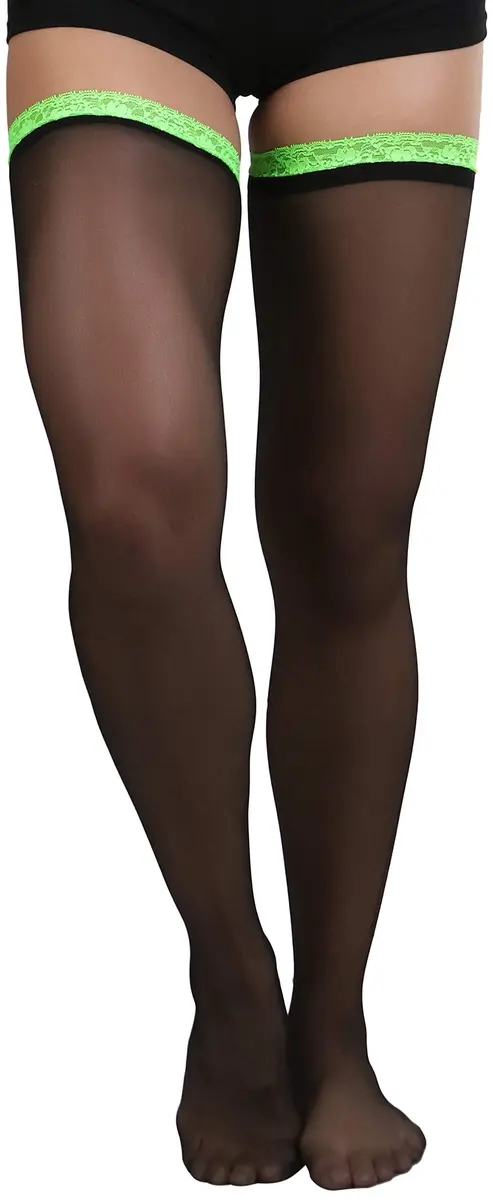 ToBeInStyle Women's Sheer Laced Thigh Hi Stocking | One Size Black with Neon Green Lace - main product image