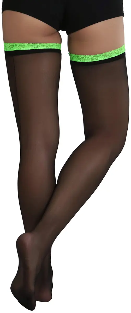 ToBeInStyle Women's Sheer Laced Thigh Hi Stocking | One Size Black with Neon Green Lace - view 2