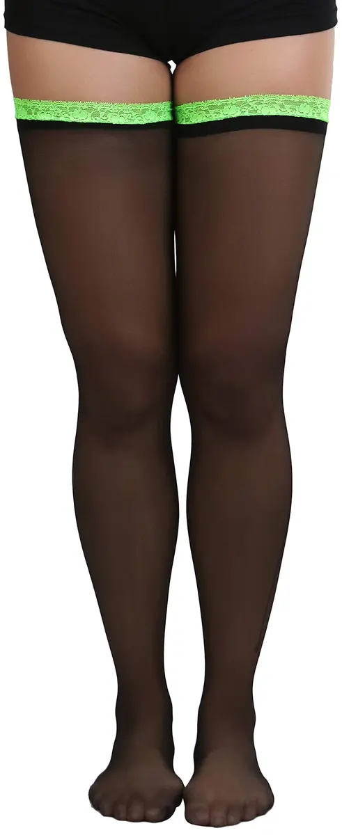 ToBeInStyle Women's Sheer Laced Thigh Hi Stocking | One Size Black with Neon Green Lace - view 3
