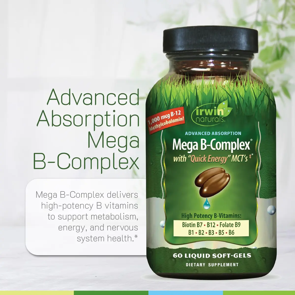 Irwin Naturals Mega B-Complex Vitamin B Complex | 60 Softgels for Daily Energy & Metabolism Support - view 5