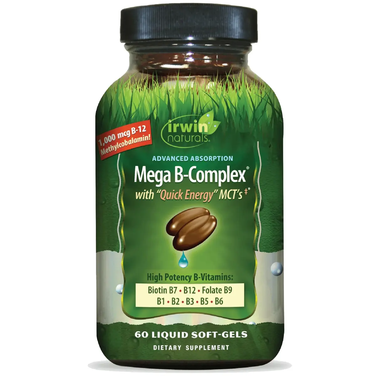 Irwin Naturals Mega B-Complex Vitamin B Complex | 60 Softgels for Daily Energy & Metabolism Support - main product image