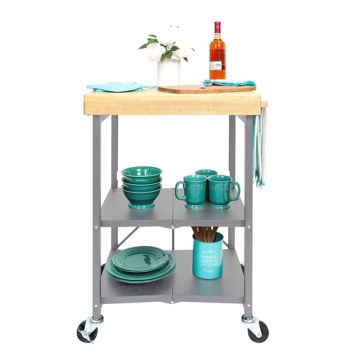 Origami Foldable Kitchen Island Cart, Silver | 25.3L x 19.8W x 36.2H inches | Supports 200 lbs - view 5