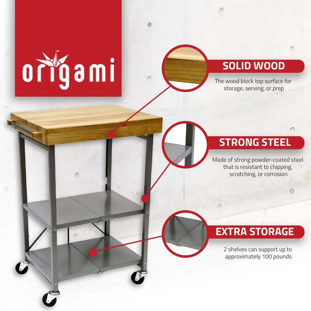 Origami Foldable Kitchen Island Cart, Silver | 25.3L x 19.8W x 36.2H inches | Supports 200 lbs - view 2