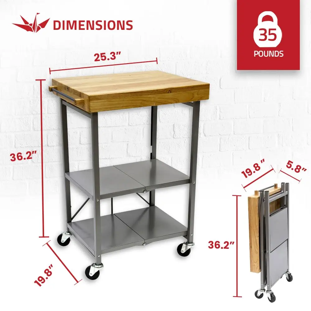 Origami Foldable Kitchen Island Cart, Silver | 25.3L x 19.8W x 36.2H inches | Supports 200 lbs - view 3