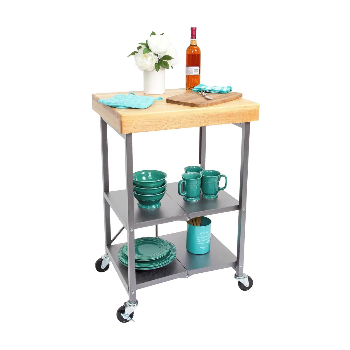 Origami Foldable Kitchen Island Cart, Silver | 25.3L x 19.8W x 36.2H inches | Supports 200 lbs - view 4