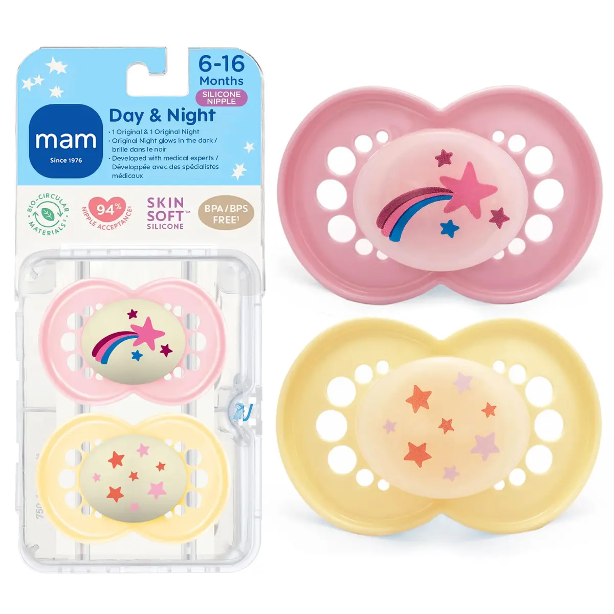 MAM Original Baby Pacifiers 6-16 Months, Glow in The Dark, 2 Pack | Developed with Pediatric Dentists, BPA-Free Silicone Nipple - main product image