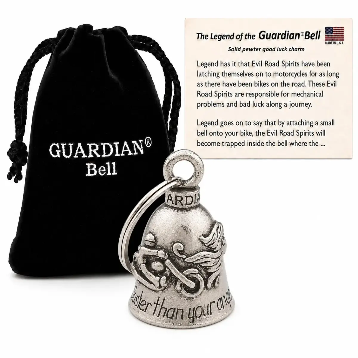 Guardian Bell Never Ride Faster Than Your Angel Can Fly Good Luck Bell w/Keyring & Black Velvet Gift Bag | Motorcycle Bell | Lead-Free Pewter | Good Luck Gift | Bike Bell | Made in USA - main product image