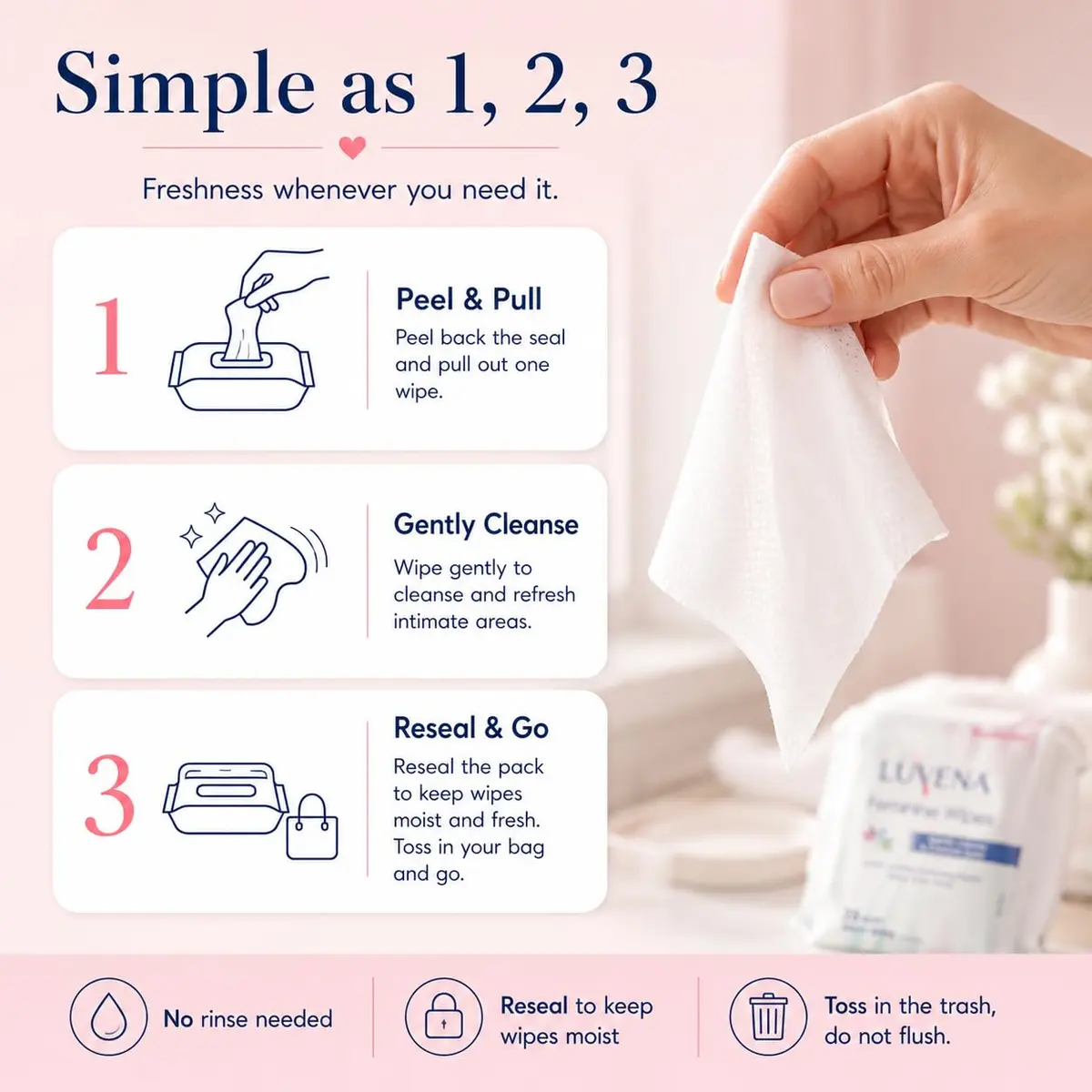 LUVENA Feminine Hygiene Wipes for Women, 75 Count (25 Count x 3 Pouches) | pH-Balanced, Dermatologist Tested - view 4